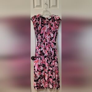 Pink Floral Smocked Midi Dress By Entro